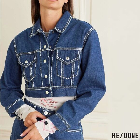 RE/ DONE **NWT** Cropped Chunky Stitch 'Trucker' Indigo Denim Jacket - Picture 1 of 16